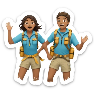 Two friends stand in the ocean, dressed in sea-worn, explorer-like clothing—loose, flowing shirts and water-ready gear that hints at adventure. They splash each other playfully, laughing as the waves crash around them. Their eyes meet, full of joy and appreciation for the moment, completely immersed sticker