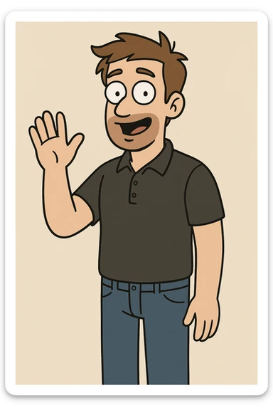 A man and light brown hair Dark Grey Pique Polo Shirt blue jeans hand to say hello sticker