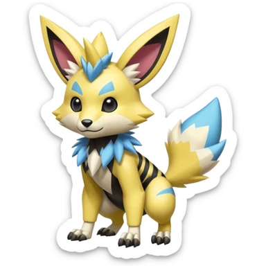 Modern anthropomorphic furry futuristic shiny colorful Zeraora-Minccino-Pichu-Obstagoon-fusion (full body) sticker