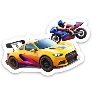 A sleek racing car and motorcycle speeding on a track, leaving a trail of dust behind. The scene captures the thrill of high-speed competition, with blurred motion and vibrant colors, highlighting the dynamic energy of motorsport. sticker