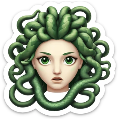 In Greek mythology, Medusa is depicted as a winged woman with a hideous face, possessing snakes for hair, glaring eyes, and protruding fangs. Her gaze turns anyone who meets it into stone. sticker