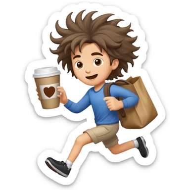 cartoon character running frantically with coffee and bag, messy hair, urban background sticker