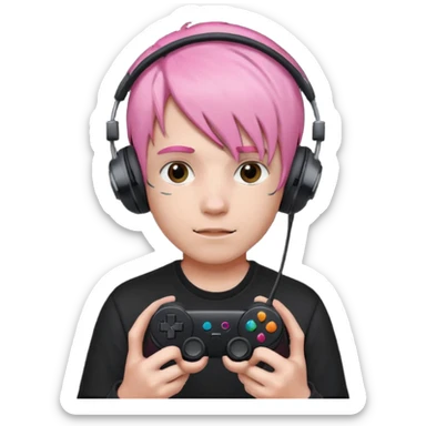 pink haired boy with headphones holding all black game controller sticker