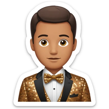 Neil Fanning, Australia Actor (b.1967) with brown sequin suit with bow tie sticker