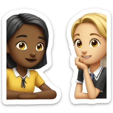 Two schoolgirl at the table are talkng sticker