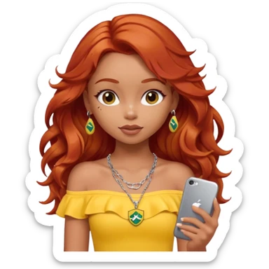 a pretty bratz girl with wavy red hair, wearing a yellow brazil jersey falling off her shoulder. silver dainty layered necklaces, carrying an iphone sticker