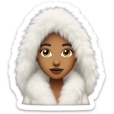 Tanned Girl with lashes ,  in an extremely big fluffy oversized white fur coat with hood on. The fur is real and it’s very obvious big and fluffy like in Pinterest  sticker