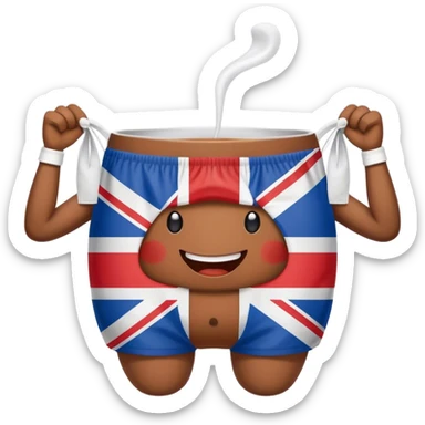 tea bag with a face, arms and legs, wearing a pair of union jack shorts sticker