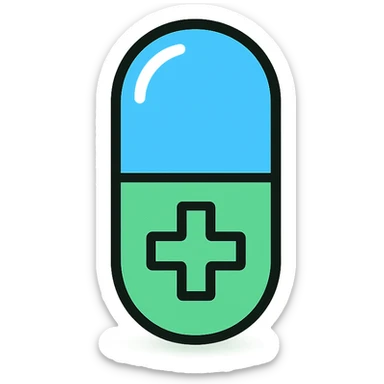 minimalist iOS app icon, professional medical style, blue and green pill capsule with subtle shine, gradient background hospital green and white, clean, trustworthy, tech-inspired, subtle depth with soft shadows, iOS-flat-design, no text, single bold medical symbol centered sticker