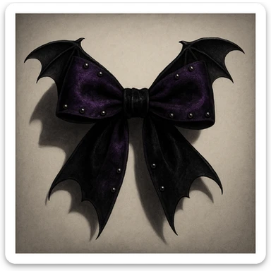 goth bow with velvet texture, deep purple and black, silver studs, dramatic shadows, bat wings sticker