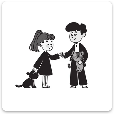 A girl with long brown hair holding the hand of a boy with black hair, both dressed in black, holding a cat and dog sticker