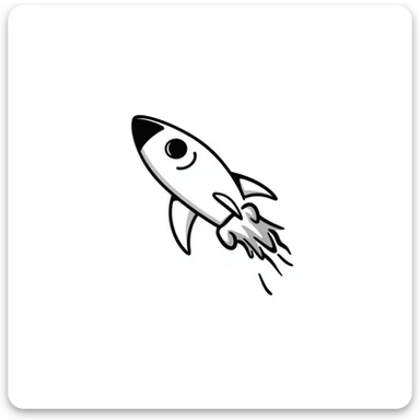 A hand-drawn toy rocket with a silly grinning face and flame trail sticker