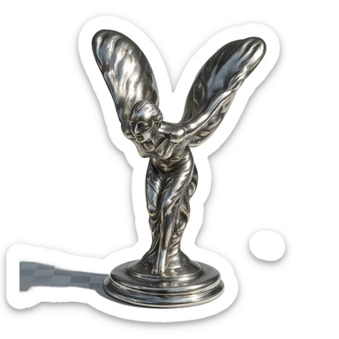 Spirit of Ecstasy hood ornament, elegant, metallic, inspired by Rolls Royce, detailed, graceful, wings outstretched, luxury car symbol sticker