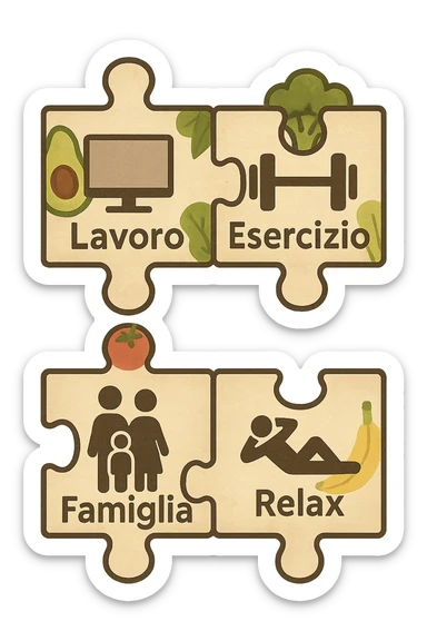 Puzzle (Lavoro, Esercizio, Famiglia, Relax), in lavoro metti icona di un PC, in Esercizio un Manubrio, in Famiglia una famiglia, in Relax qualcuno che riposa and healthy foods are integrated into each piece. in italiano sticker