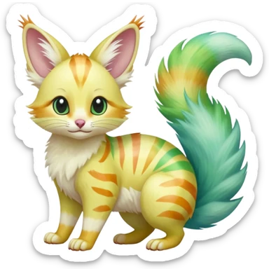  cute adorable yellow-green-turquoise-gradients albino fur with random colorful iridescent rainbow markings beautiful elegant pretty precious cute  Fakémon-Pokémon-opossum-feline-serval-caracal-chinchilla-Minccino-hybrid-creature with a big fluffy bushy striped tail (full body) sticker