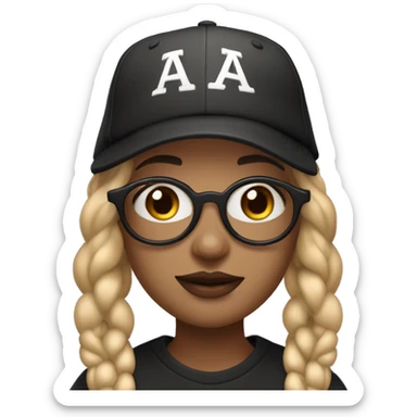 Girl with blonde hair with dark brown at the ends. She also has double nostril piercings, a septum ring, and a Medusa piercing, hazel eyes and big framed glasses. Hair is in braids with  a backwards baseball hat sticker