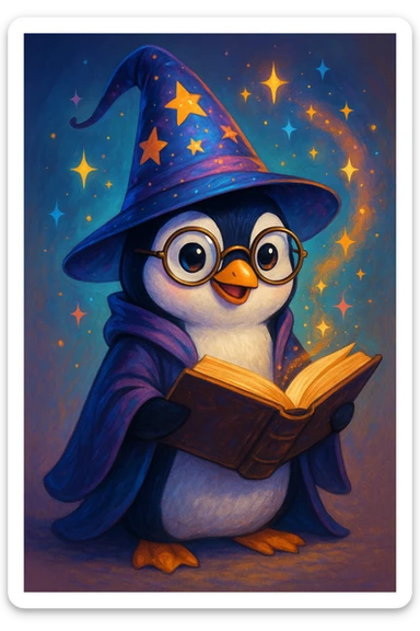 a playful penguin wizard with glasses, a spellbook, and a sparkling hat, in a modern digital art style sticker