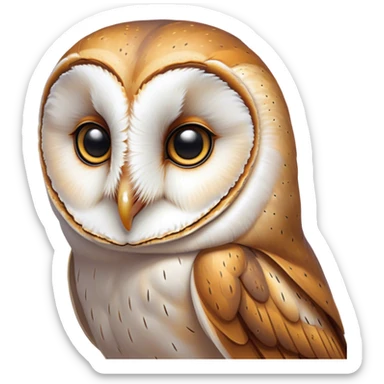 Cinematic Noble Barn Owl Portrait Emoji, Poised and regal, with a slender, graceful build and a striking mottled plumage of whites and browns, deep-set soulful amber eyes, Simplified yet sharp and sophisticated features, highly detailed, glowing with a soft, dignified glow, high shine, intelligent and mysterious, stylized with an air of nocturnal wisdom, focused and attentive, soft glowing outline, capturing the essence of a watchful and confident fowl, so majestic it feels as though it could silently glide out of the screen with effortless authority! sticker