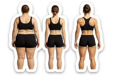 fai una donna di spalle in gym shorts leggermente sovrappeso e con cellulite e accanto una seconda donna di spalle magra (che è dimagrita post dieta) e accanto una terza donna in forma allenata e con le giuste proporzioni, l'immagine deve rappresentare il processo: da donna grassa, a donna piatta e magra, a donna allenata e in forma con i giusti muscoli, iperrealistico 4k sticker