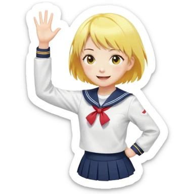 Anime girl with short bright yellow hair wearing Japanese sailor style school uniform, composed posture with hand on hip but energetically waving with other hand, excited smile and happy eyes sticker