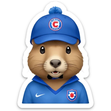 Capibara with a cruz azul soccer logo in a cap sticker