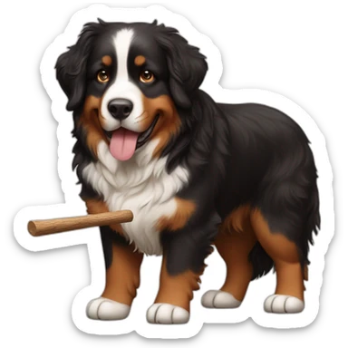 Bernese mountain dog playing with a wood stick and a brown hair womand sticker