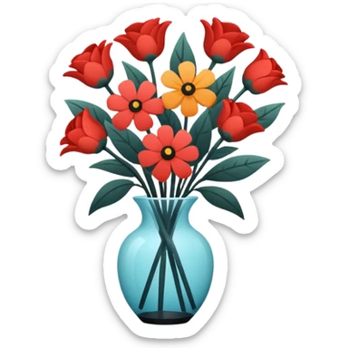 Minimalistic flat vector icon, iOS style, thin black contour on white background. Flower bouquet arranged in a simple vase. Clean, elegant, no text, no shadows.
 sticker