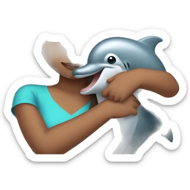 girl with brown hair hugging a dolphin sticker