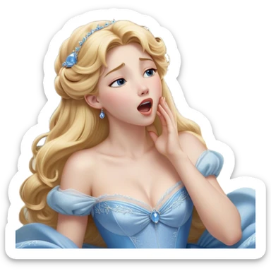 Cinematic Realistic Yawning Cinderella Portrait, showcasing lifelike porcelain skin and intricately detailed golden-blonde hair styled flawlessly as she mid-yawn reveals a moment of tender vulnerability. Her half-closed blue eyes and relaxed expression are rendered with natural, soft lighting that emphasizes the subtle textures of her face and the detailed, flowing fabric of her iconic gown. The scene glows with a cozy, authentic warmth that captures a rare, intimate moment of repose. sticker