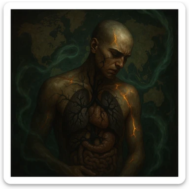 semi-realistic, allegorical human figure, dark atmosphere, dramatic lighting, black parasites branch to organs, world map, glowing fissures, green mist, systemic impact sticker