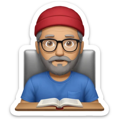 A man with a large gray beard, dark hair, wearing a t-shirt and glasses, studying. sticker