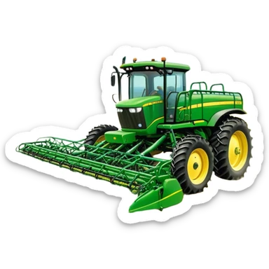 John Deere R4045 (2020) – Cinematic-realistic John Deere R4045 self-propelled sprayer, its green and yellow body gliding over rows of crops. Long booms extend across the field, misting a fine spray over the vibrant green plants, ensuring a healthy harvest under a bright blue sky. sticker