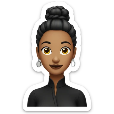 Woman with sleek bun hair with loop earrings wearing black turle neck shirt sticker