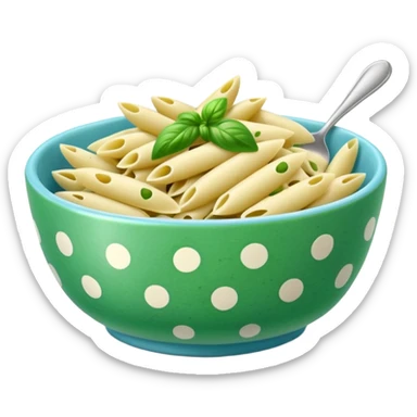 green pesto penne pasta in a light blue polka dot bowl sticker