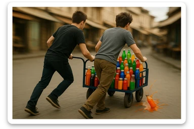 endi shu aravani bir balonchasi singan ko'rinishda va aka uka uning yonida turganini tasvirla yuzlari ko'rinmasin sticker