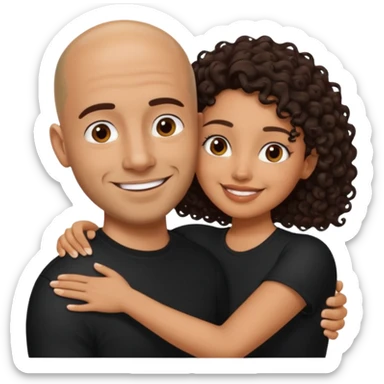 A picture of a tanned couple embracing. the man is a Mexican man with tanned skin, a bald hair cut, short beard and wearing a black shirt. the woman is mixed, with long curly dark brown hair and with big boobs  sticker