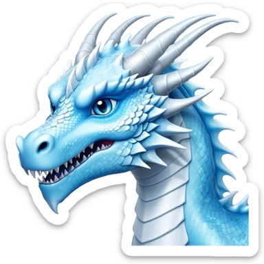 Cinematic Noble elegant Ice Dragon Portrait Emoji, Poised and imposing, distinct long elegant snout, with a slender, scaled body shimmering in glacial hues of icy blue, frostbitten silver, and crystalline white, breathing out frost, with piercing, glowing blue eyes that radiate the chilling depths of an arctic storm; rendered in detail. sticker