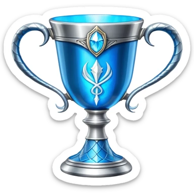 exact movie-accurate Triwizard Cup from Harry Potter, wide chalice with angular facets, two distinct silver snake handles curving upward, bright blue glow inside sticker