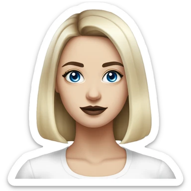 waist-length portrait, looking up, Slavic adult woman, goth eyes makeup, blue eyes, medium bob black-to-blonde ombre straight hair, white T-shirt and black office jacket. sticker