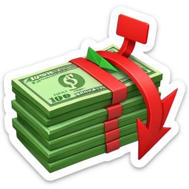 stack of banknotes with a red arrow pointing down sticker