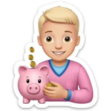 smiling boy carefully putting coins and bills into piggy bank sticker