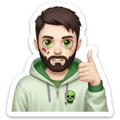 zombie with thumbs up gesture, undercut hairstyle with dark brown hair, short full beard, heterochromia with one green eye and one brown eye, wearing plain white hoodie sticker
