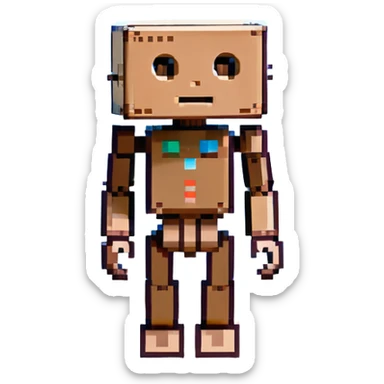 small cardboard robot (Danbo) with jointed limbs, standing alone in a cozy, softly lit room with wooden flooring, pastel and warm tones sticker