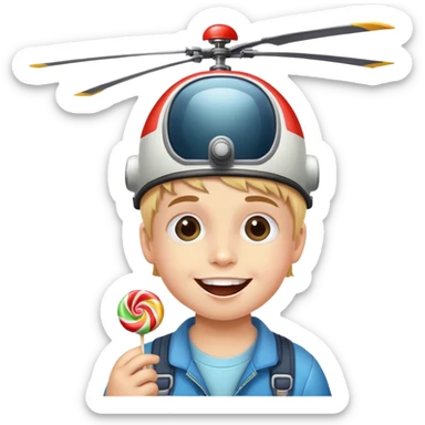 happy kid with helicopter hat eating candy sticker