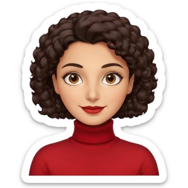 30 yr iranian woman dark brown hair curly wavy short hair, red turtle neck sweater, thick eyebrows sticker