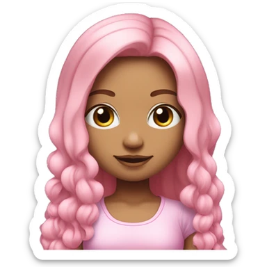 Menina tem cabelo dividido de um lado cabelo rosa do outro lado cabelo Lilás. A menina está usando um vestido rosa claro com detalhes de flores brancas na barra e calçando tênis rosa brilhane sticker