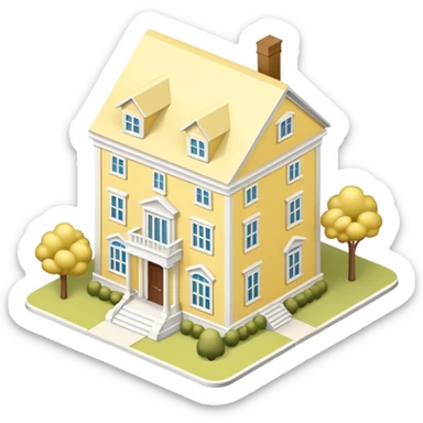 Light yellow sorority house mansion, southern, isometric dollhouse-style, realistic sticker