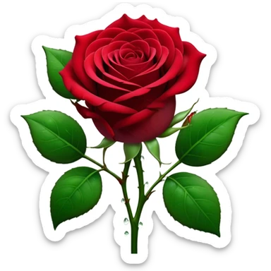 Cinematic Realistic Rose Emoji, Elegant and full of grace, with velvety, deep red petals unfurling in a perfect bloom, dew drops glistening on the soft edges, and a faint fragrance hanging in the air. The lush green leaves surround the stem, creating a vibrant contrast to the rich color of the petals. Soft glowing outline, capturing the essence of timeless beauty and romance in a single bloom. sticker