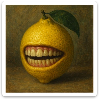 a lemon with human teeth, surreal style sticker
