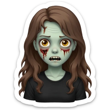 crie um emoji de uma garota zoombie cabelo castanho e longo , assustadora e fofa com cabelo ondulado 2b e camiseta básica preta sticker